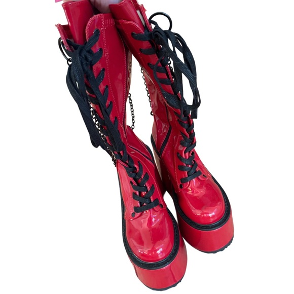 Demonia red faux leather lace-up platform boots with chain detailing and 7" heel - Picture 5 of 8